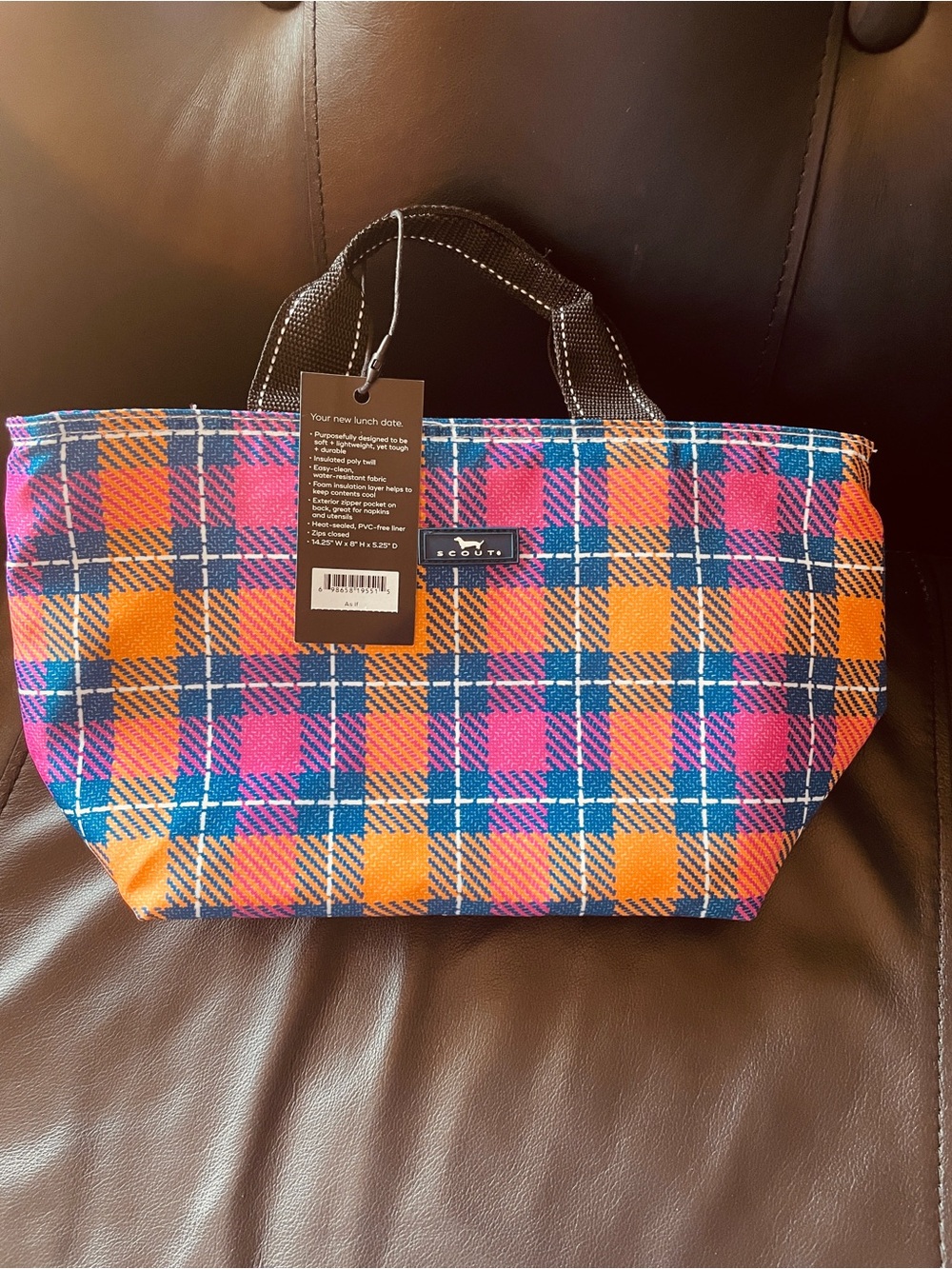 SCOUT NWT Plaid lunch Tote Bag - Pink, Orange & Blue